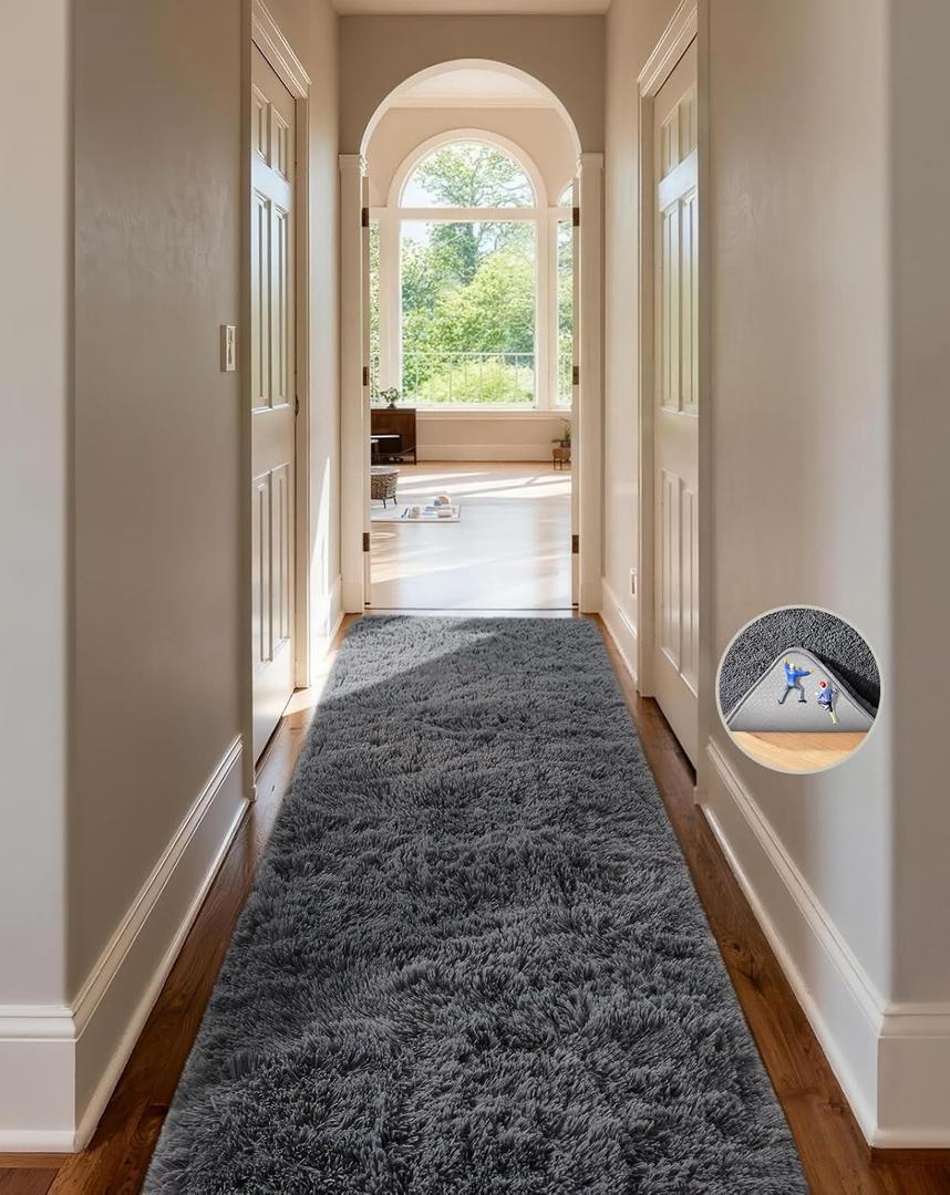 Ophanie Runner Rug for Hallway, 2x6 Upgrade Non-Slip Fluffy Soft Bedside Rugs, Bedroom Living Room Grey Shaggy Gray Carpet for Kids Girls Boys Dorm Nursery Home Decor Aesthetic