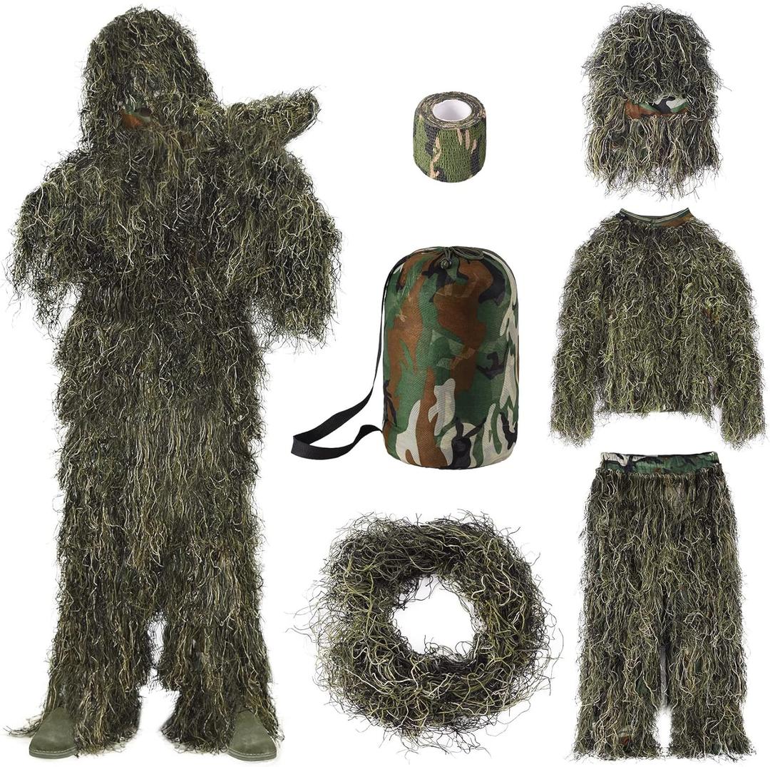 Seeutek 5 in 1 Ghillie Suit - 3D Camouflage Hunting Suits - Jacket, Pants, Hood, Carry Bag for Adults & Youth, M/L/XL/XXL