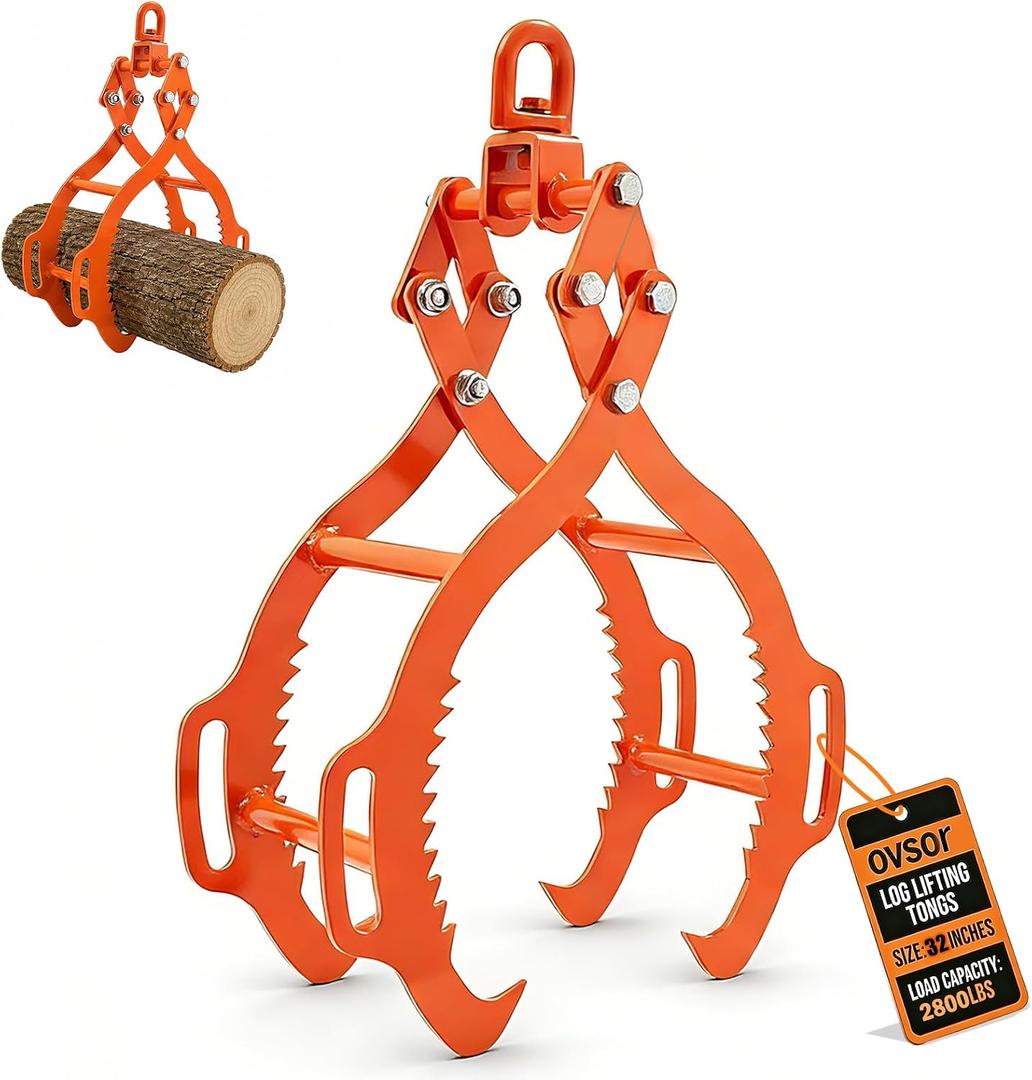 ovsor 32 Inch 4 Claw Log Tongs, Heavy Duty Timber Grapple Hook | 360 Rotating Claw, 2800 lb Capacity for Trucks, Tractors, Forklifts & ATVs
