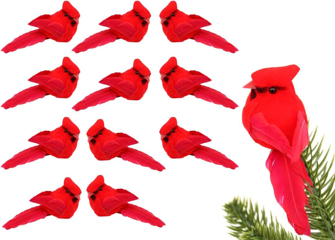 12 PCS Cardinals Christmas Ornaments, Clip On Artificial Red Birds Cardinals for Christmas Tree Ornaments Wreath Centerpiece Crafts Bird Decorations - 3.7" Long