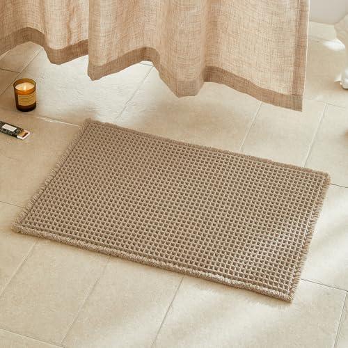 TYUU Waffle Bath Mat, Boho Bathroom Rugs Non Slip Washable Super Absorbent Quick Dry Farmhouse Bathroom Decor, 35"x22" Khaki