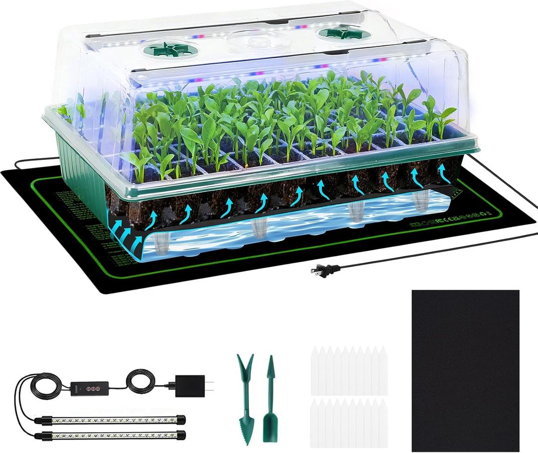 PJT Self Watering Seed Starter Tray with Grow Light & Heat Mat, 60-Cell Seed Starting Kit with 4.3 Humidity Dome for Seed Germination, Complete All-in-One Kit for Easy Seed Starting
