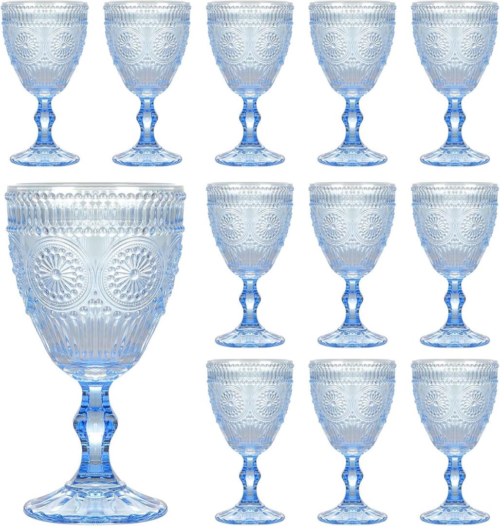 Vintage Wine Glasses Set of 12, 10 oz Glass Goblets Wine Glassware, Romantic Wedding Glass Set, Embossed Drinking Stemware Beverage Cups for Wedding Party Bar, Blue