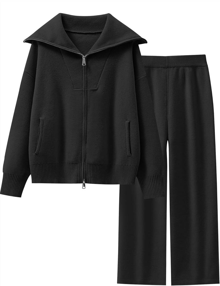 Caracilia Womens 2 Piece Outfits Knit Zip Up Sweater Lounge Set Wide Leg Pants Tracksuit Loungewear Matching Sets Black X-Large