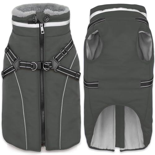 Fragralley Dog Coat with Harness Built in, Waterproof Windproof Reflective Warm Puffer Jacket, Fleece Lined Vest Winter Parka for Medium Dogs​, Medium 