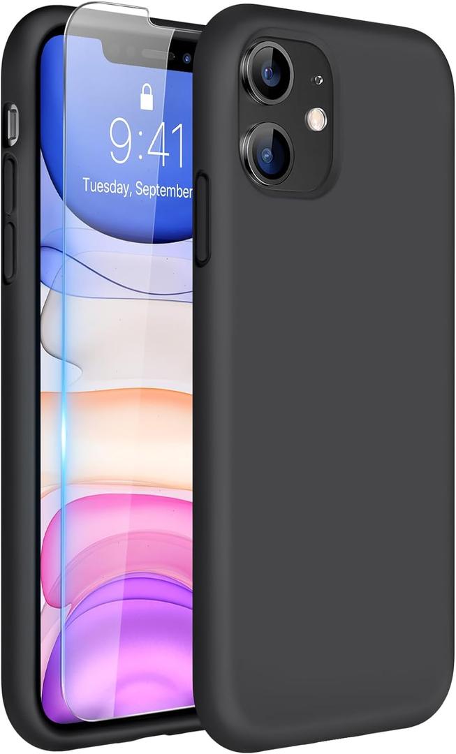 Miracase Designed for iPhone 11 Phone Case, with Screen Protector, Liquid Silicone Gel Rubber Full Body Drop Protection Shockproof Cover Phone Case for iPhone 11 6.1 inch, Black