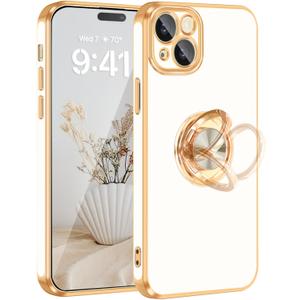 Fingic for iPhone 15 Plus Case[with 360Rotatable Ring Holder Stand][Support Magnetic Car Mount][Shiny Plating Gold]Slim Thin Soft TPU Shockproof Protective Case for iPhone 15 Plus for Women Men,White