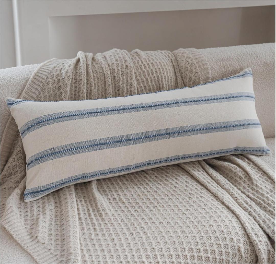 Boho Lumbar Pillow Covers 14x36 Long, Pack of 1, Blue Striped Decorative Body Pillowcase for Couch Bed, Textured Farmhouse Accent Cushion Covers for Living Room Bedroom Sofa Home Decor