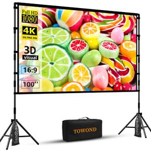 TOWOND Projector Screen with Stand, 100 inch Outdoor Projector Screen Portable Indoor Projection Screen 16:9 4K Rear Front Movie Screen with Carry Bag for Home Backyard Theater