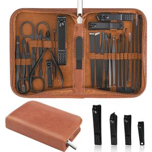 MINKINH Manicure Set Professional Nail Clipper Kit-26 Pieces Stainless Steel Manicure Kit,Nail Care Tools with Luxurious Travel Case (Brown)