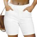 luvamia Jean Shorts for Women Trendy Pull On Mid Rise Elastic Waist Summer Casual Stretchy Long Denim Walking Shorts (X-Large, Cream White)