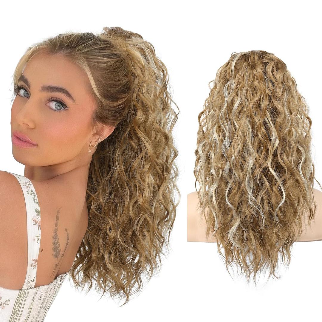 SEIKEA Ponytail Extension, 14" Short Wavy Drawstring Ponytail Multi Layered Fake Pony tails Hair Extensions Clip in Hair Extensions Medium Blonde with Blonde Highlights