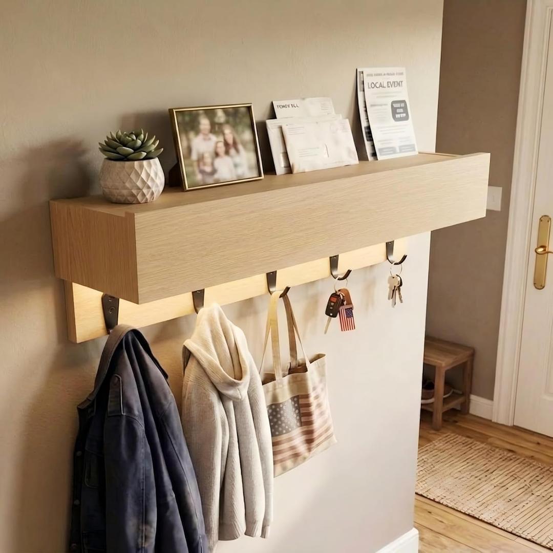24" Wall Mounted Coat Rack with LED Light & Hidden Storage, Entryway Mail Organizer & Key Holder, Wooden Shelf with 5 Hooks for Hallway, Mudroom & Foyer, Light Oak Finish