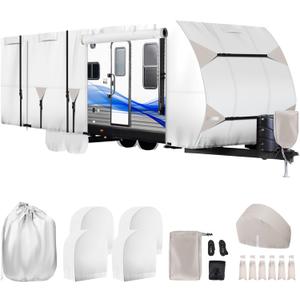 420D Oxford Fabric Travel Trailer RV Cover 22-24ft, 400 LBS Tearproof, Waterproof, Anti-UV & Windproof Camper Cover w/Tongue Jack Cover, Gutter Covers, Tire Covers, Stair Cover, Straps & Storage Bag