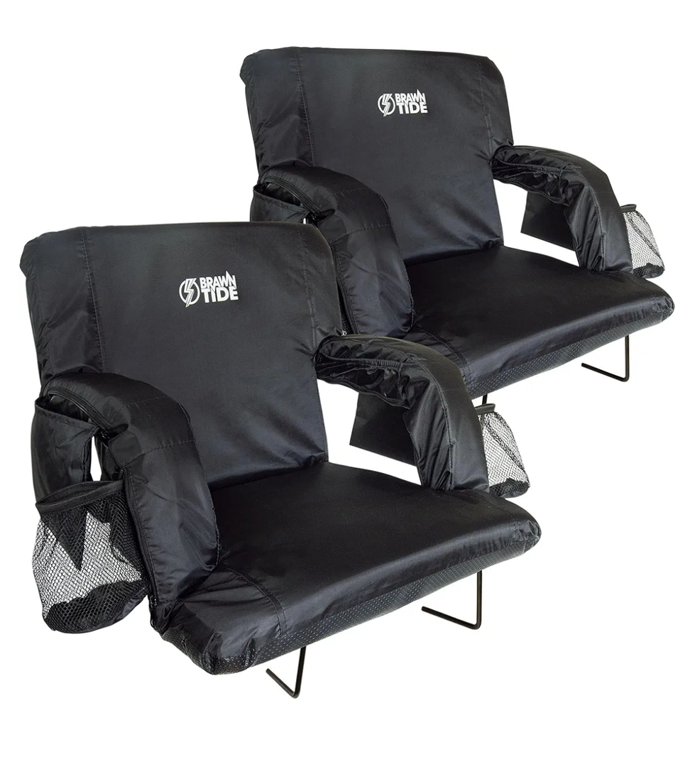 BRAWNTIDE Stadium Seat with Back Support - Comfy Cushion, Thick Padding, 2 Steel Bleacher Hooks, 4 Pockets, 2 Cup Holders, Reclining Back, Ideal Chair for Sport Events, Beaches, Camping, Concerts