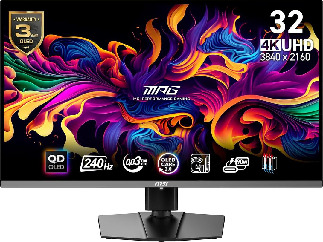 msi MPG 321URX QD-OLED, 32" 4K UHD Quantum Dot OLED Gaming Monitor, 3840 x 2160, 0.03ms, 240Hz, True Black HDR 400, 90W USB Type C, HDMI, DP Port