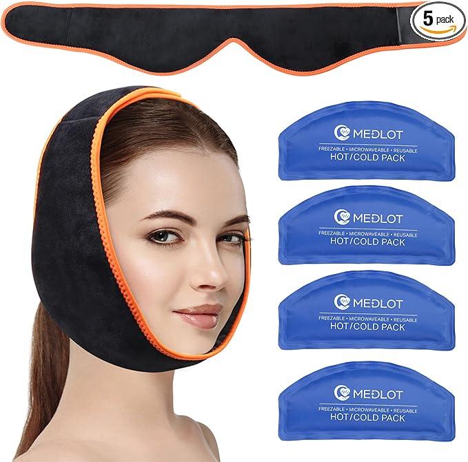 MEDLOT Face Ice Pack Wrap for TMJ, Wisdom Teeth, with 2 Reusable Hot Cold Therapy Gel Packs, Pain Relief for Chin, Head, Jaw, Oral and Facial Surgery, Dental Implants, Color Pink