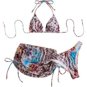 COZYEASE Women's 4 Piece Swimsuits Sexy Bikini Sets Triangle Bathing Suit with Mesh Cover Up Beach Skirt & Bandana (Large, Blue Leopard)