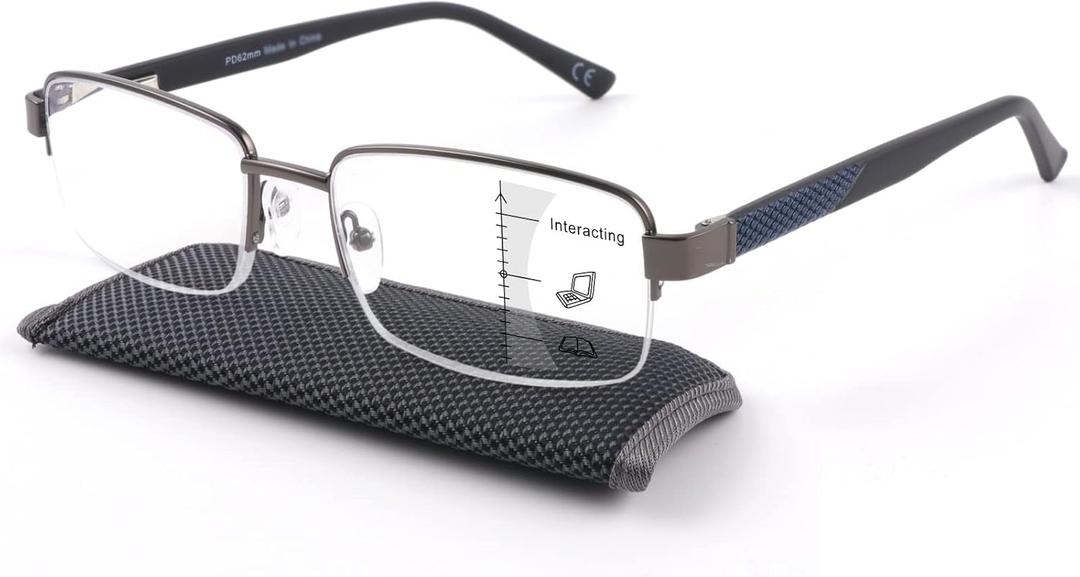 Missfive Men Premium Multifocus Reading Glasses Blue Light Blocking, Progressive Metal Frame With No Broken Spring Hinge Multifocal Readers Computer Eyewear,Workspace For Near Range 2.25x