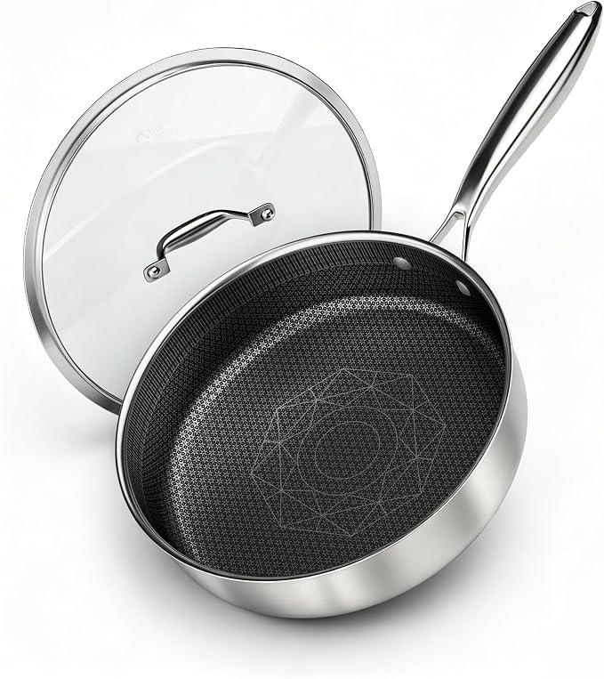 COOKER KING 3.6-Quart Hybrid Stainless Steel Sauté Pan with Lid, 10" Tri-Ply Clad Deep Frying Pan, Non-Stick & Non-Toxic Skillet for Egg, Cake, Seafood, Induction Compatible, Oven & Dishwasher Safe