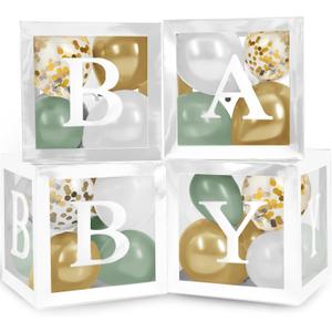 Baby Shower Boxes with Letters  White Boxes with Sage-Green, Gold, Gold Confetti, and White Balloons  44-Piece Gender Reveal & Party Decoration Set by Vellax