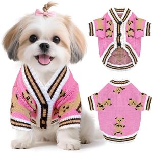 Small Dog Sweaters Cute Bear Knitted Dog Cardigans Clothes for Small Medium Dogs Soft Pet Puppy Cat Knitting Outfits Fall Winter Warm Boy Girl Dogs Knitwear Coat Apparel (Pink, Small)