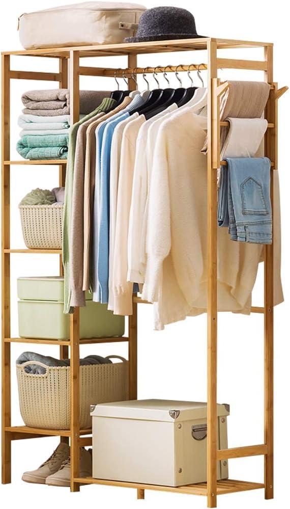 Ufine Bamboo Garment Rack 6 Tier Storage Shelves Clothes Hanging Stand with Side Hooks, Heavy Duty Clothing Rack Portable Wardrobe Closet Organizer