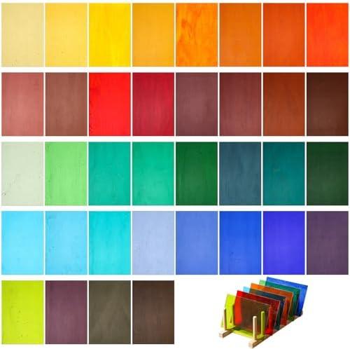 Layhit 36 Sheets Variety Stained Glass Sheets Pack 4 x 6 Inch Cathedral Art Glass Supplies Mosaic Tiles for Crafts Bright Color Iridescent for DIY Home(Assorted Color)