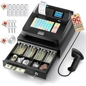 PYY Cash Register for Small Businesses with Scanner - Electronic Commercial Caja Registradora para Negocio with Lock Cash Drawer Box, 48 Keys, 8 Digital Dual Display for Retail Restaurant Supermarket