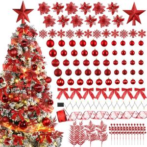 Poen 108 Pcs Christmas Tree Ornament Set Including Xmas Tree Ball Glitter Poinsettia Bows Berries Stems Leaves Snowflakes Ribbon Lights for Christmas Decoration (Red)