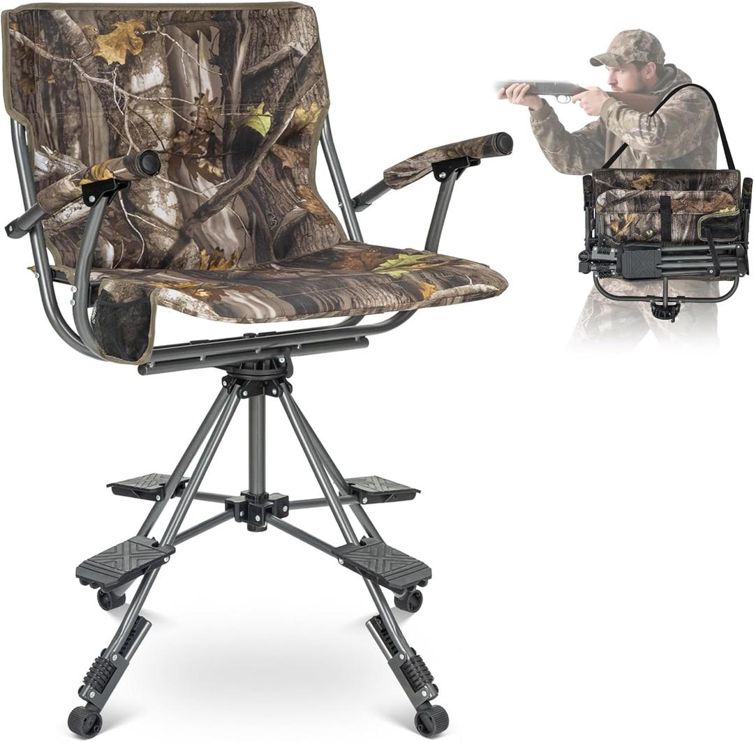 LET'S CAMP Folding Hunting Chair for Blinds 360 Degree Silent Swivel, 330LBS Capacity Portable Padded Cushion Hunting Seat with Armrest, 4 Legs Adjustable Height, Shoulder Strap, Cup Holder-CAMO
