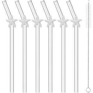Honeydak 6 Pcs Reusable Glass Straws with 1 Cleaning Brushes, Glass Straws Shatter Resistant Drinking Straw Beach Ocean Themed Party Favors Bridal Engagement Drinkware Decor(Starfish,White)