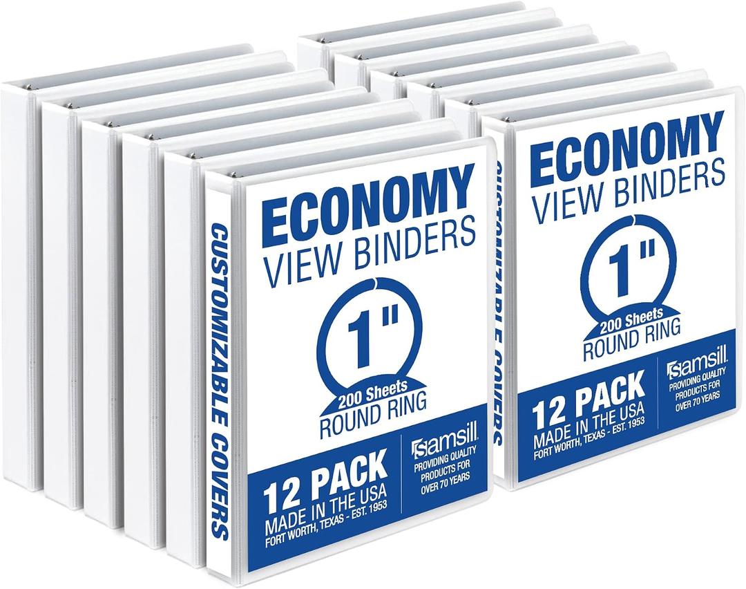 Samsill 1 Inch 3 Ring Binders, Economy Round Ring, Clear View Cover, 200 Sheet Capacity - for School, Home, Office - White, 12 Pack