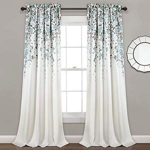 Lush Decor Weeping Flower Light Filtering Window Curtain Panels, Pair, 52"W x 108"L + 2" Header, Blue & Gray - Charming Modern Floral Curtains for Living Room, Dining Room, & Bedroom