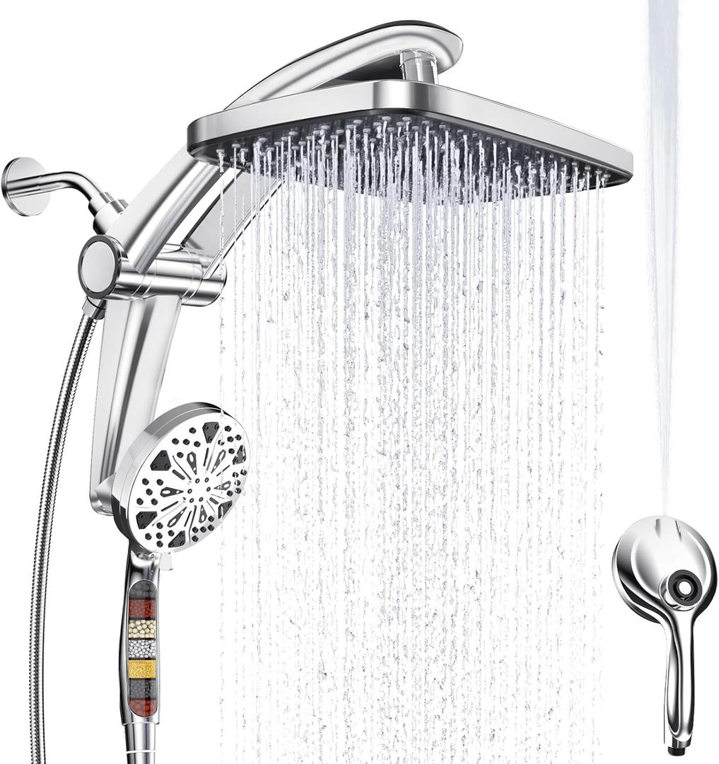 Rain Shower Head with filtered Handheld High Pressure rainfall Shower Heads with Handheld Spray Combo Adjustable one-piece stand daul shower head Built-in Magnetic Docking and Power Jets - Silver