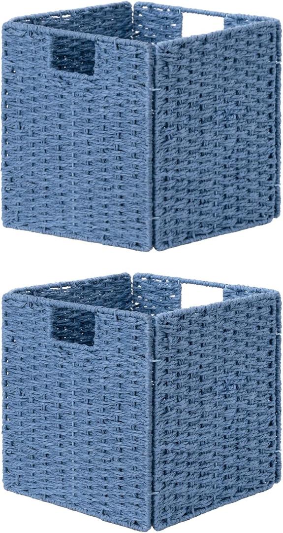 StorageWorks 11 inch Wicker Baskets, Handwoven Storage Cubes with Handles, Foldable Paper Rope Basket for Organizing, Dark Blue, 2 Pack