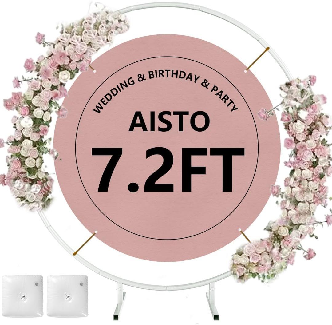 Round Backdrop Stand Arch Balloon Golden Metal Circle Garland Frame with Base for Wedding Birthday Party Baby Shower Graduation Decoration (7.2 FT - White)