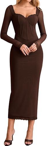 KUTUMAI Corset Lace Long Sleeve Formal Dress Back Slit Bodycon Fall Cocktail Wedding Guest Dresses, XS, Brown
