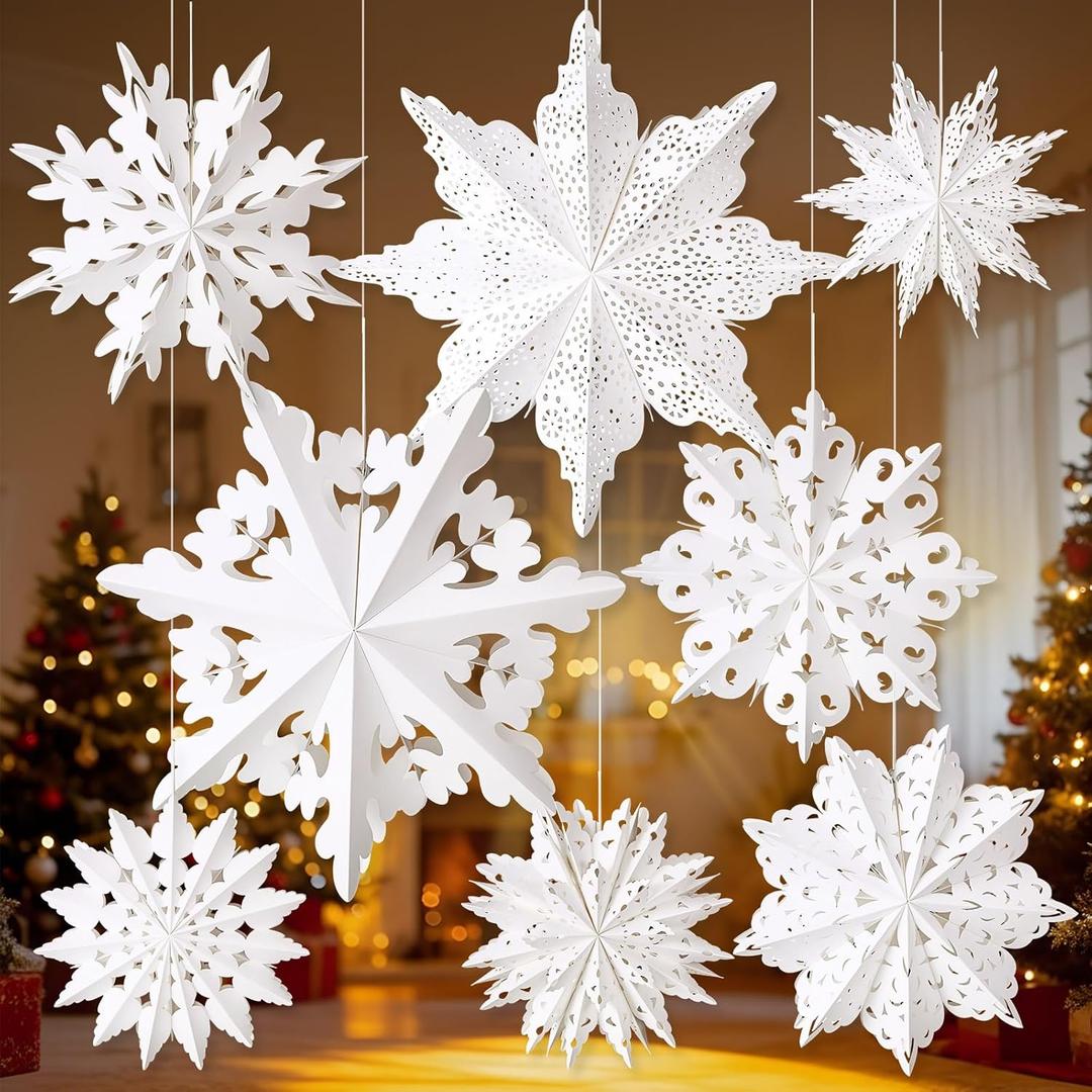 Epakh 8 Pcs Christmas Paper Star Lantern 3D Large Christmas Paper Snowflake Lanterns White Hanging Lamp Ornaments for Xmas Tree New Year Holiday Party Decorations