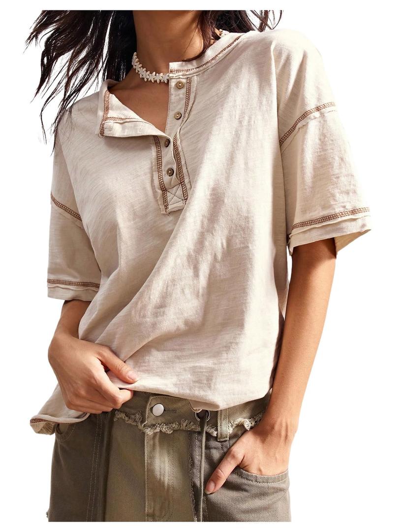 RoseSeek Women's Button Down T Shirts Crew Neck Short Sleeve Tee Tops Summer Tops Apricot Large