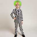 Kids Beetle Ghost Movie Cosplay Costume Black and White Stripe Jacket Shirt Pant Set Boys Halloween Suit with Wig (130(Height:47-51Inch))