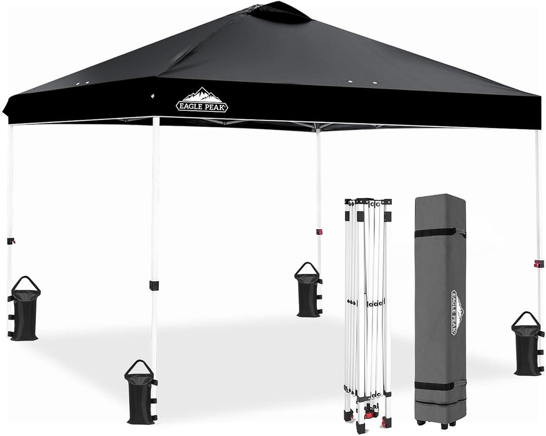 EAGLE PEAK Pop Up Canopy Tent with Wheeled Carry Bag, 8 Stakes, 4 Ropes, 4 Weight Bags, Easy Set Up Tent Canopy, 10x10 ft, 100sqft of Shade, Black