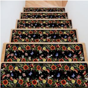 InIsaJace Non-Slip Carpet Stair Runner 8" X 30", 15 Pack Flower Stair Treads for Wooden Steps, Floral Washable Rugs Staircase Matswith Silicone Backing for Kids Elders and Dogs Indoor