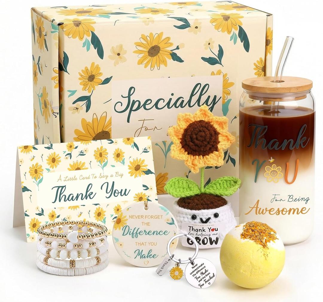 Yinsun Thank You Gifts for Women, Employee & Teacher Appreciation Gift with 16oz Glass Tumbler, Thank You Gift Baskets for Women Friends Coworker Mom Birthday Thanksgiving Christmas Gift Set