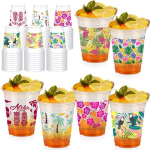 60 Pack Hawaiian Party Luau Tiki Cups, 12 oz Disposable Plastic Cups with Tiki Aloha Flamingo Hibiscus Pineapple Prints for Home Kitchen Birthday Holiday Summer Beach Pool Tropical Party Decorations (Green)