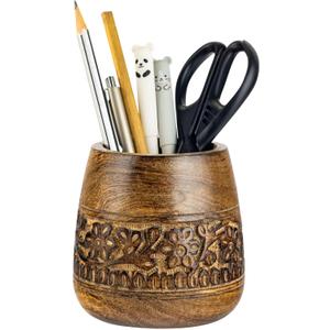 Mie Creations Designer Pencil Holder for Desk Wood | Wooden Pen Stand, Paintbrush Cup, Desk Accessories, Cute Make Up Brush Organizers | Office Desktop Stationery, Christmas Holidays Gift- 4'' Brown (Natural)