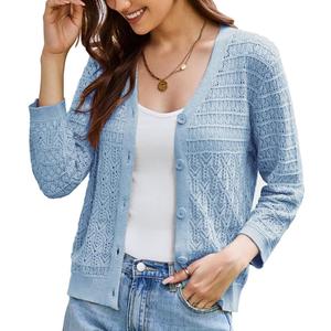 GRACE KARIN 2025 Women's 3/4 Sleeve Crochet Knit Button Down Cardigan Cropped Shrug Bolero Lightweight Sweaters Tops (X-Large)
