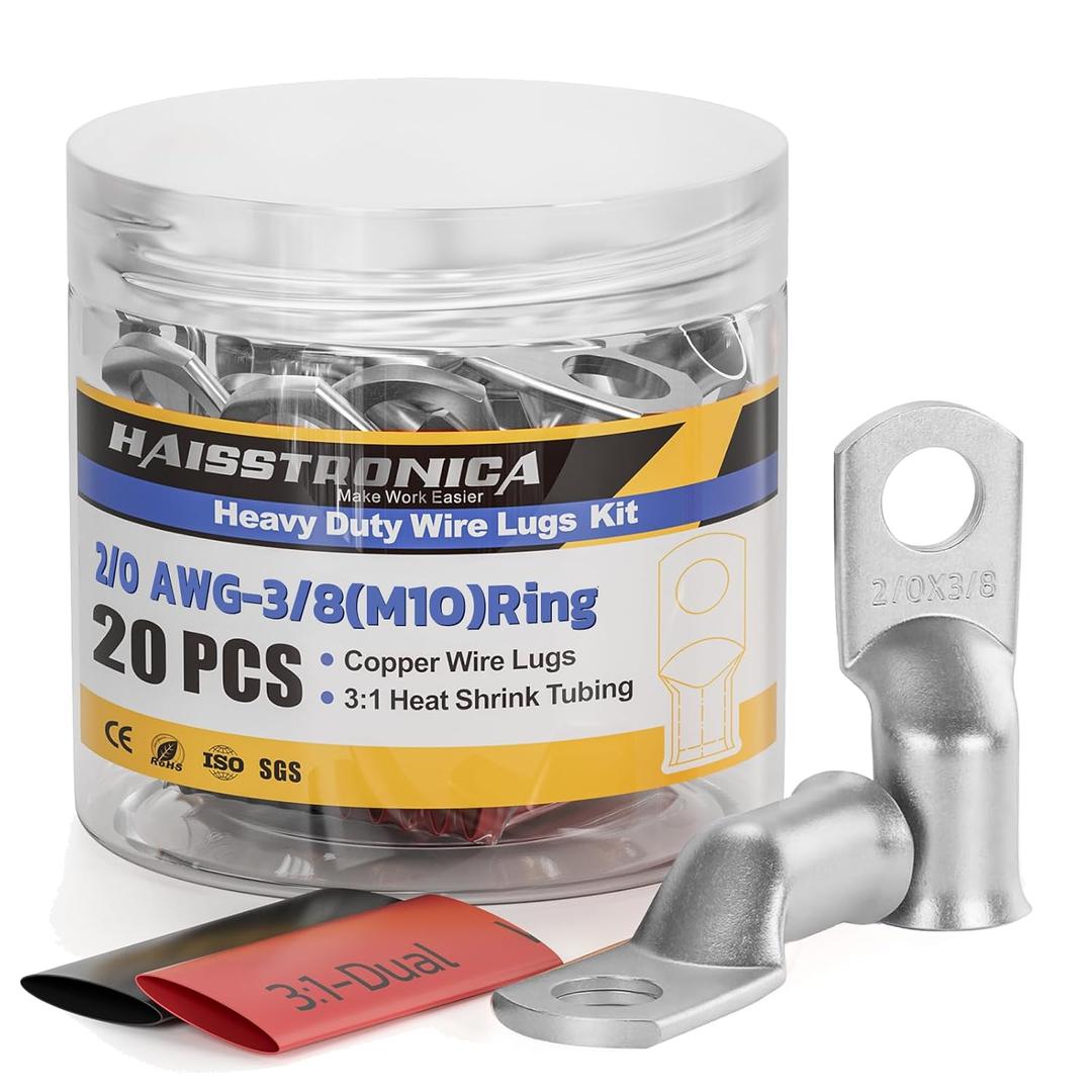 Haisstronica 10pcs 2/0 AWG - 3/8"(M10) Tinned Copper Battery Lugs, Heavy Duty Wire Lugs with 10pcs 3:1 Adhesive Heat Shrink Tubing, 00 Gauge Wire Lugs, Tinned Copper Battery Cable Ends