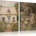2 Pcs Framed Pastoral Scenery Canvas Wall Art, Country Farmhouse Girl with Goose Paintings Pictures Vintage Country Garden Easter Posters Prints for Living Room Bedroom Kitchen Wall Decor 16x24 Inch