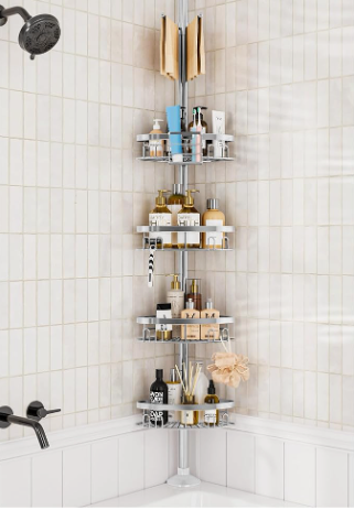 Rustproof Shower Corner Caddy Shelf for Bathroom Tension Pole Organizer with 4 Baskets for Bathtub Shampoo Storage from 23.6 to 114.5 Inch with Towel Bar (Silver)